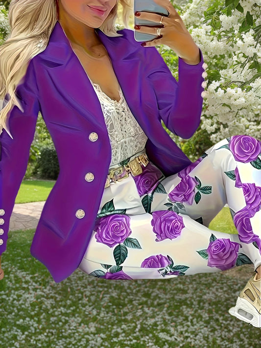 New 2025 New Elegant And Fashionable Casual Floral Print Set, Double Breasted Purple Suit Jacket And Floral Print High Waisted Slim Pants, Spring And Autumn Women's Clothing