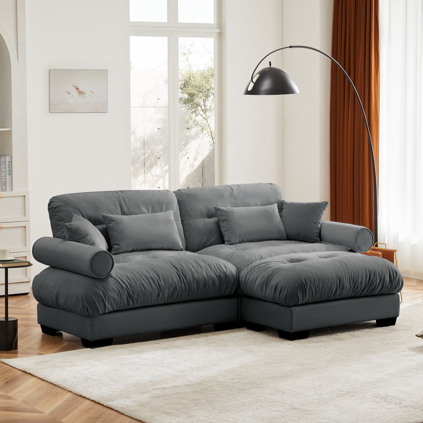 NEW Modern Grey Velvet Two-Seater Sofa with Ottoman and Round Bolster Armrests L Shape
