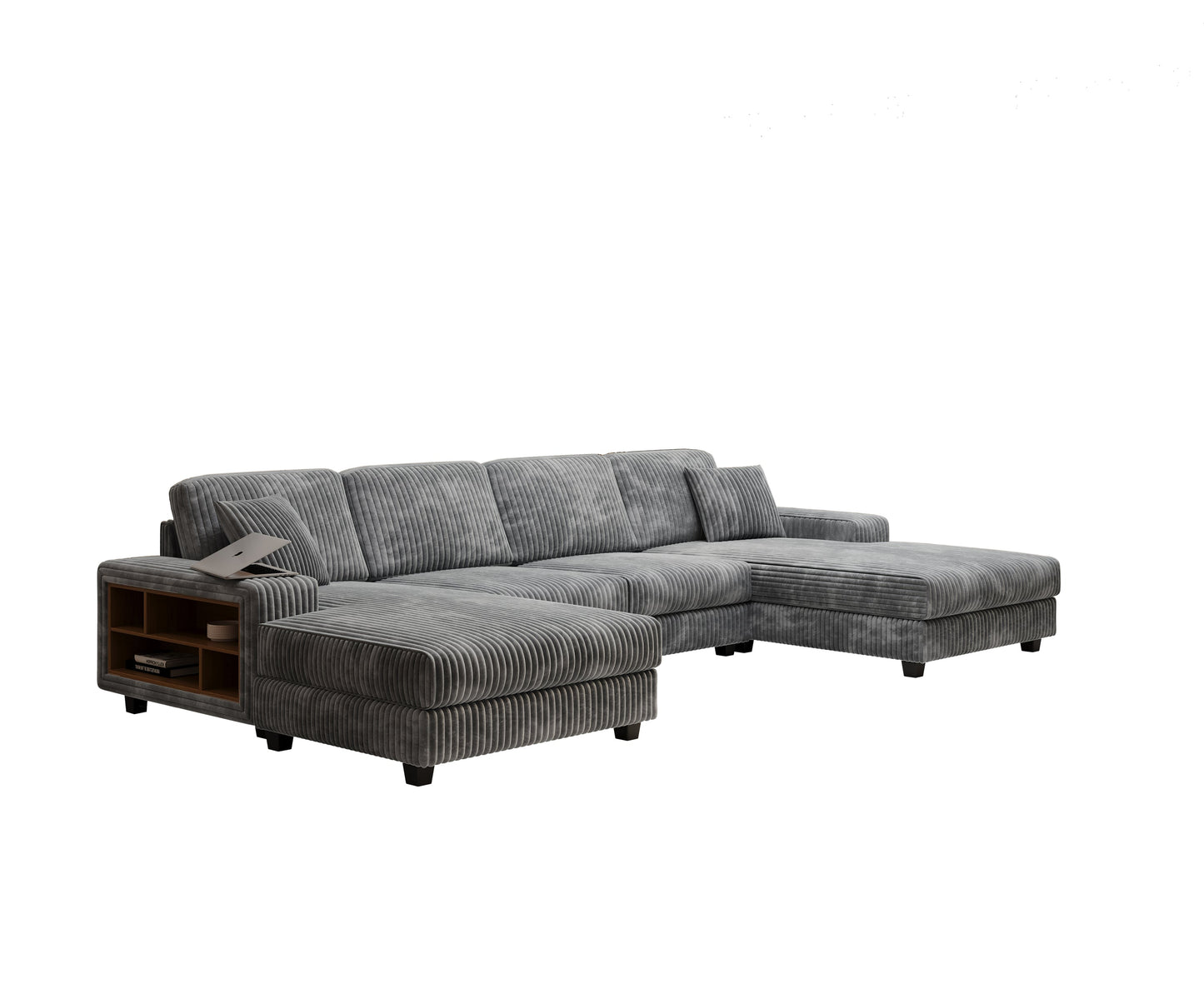 NEW Convertible U-shaped Combination Sofa, Corduroy Fabric, Modern Comfortable Large Size 4 Seat Sofa, Living Room Double Lounge Chair , Dark Grey