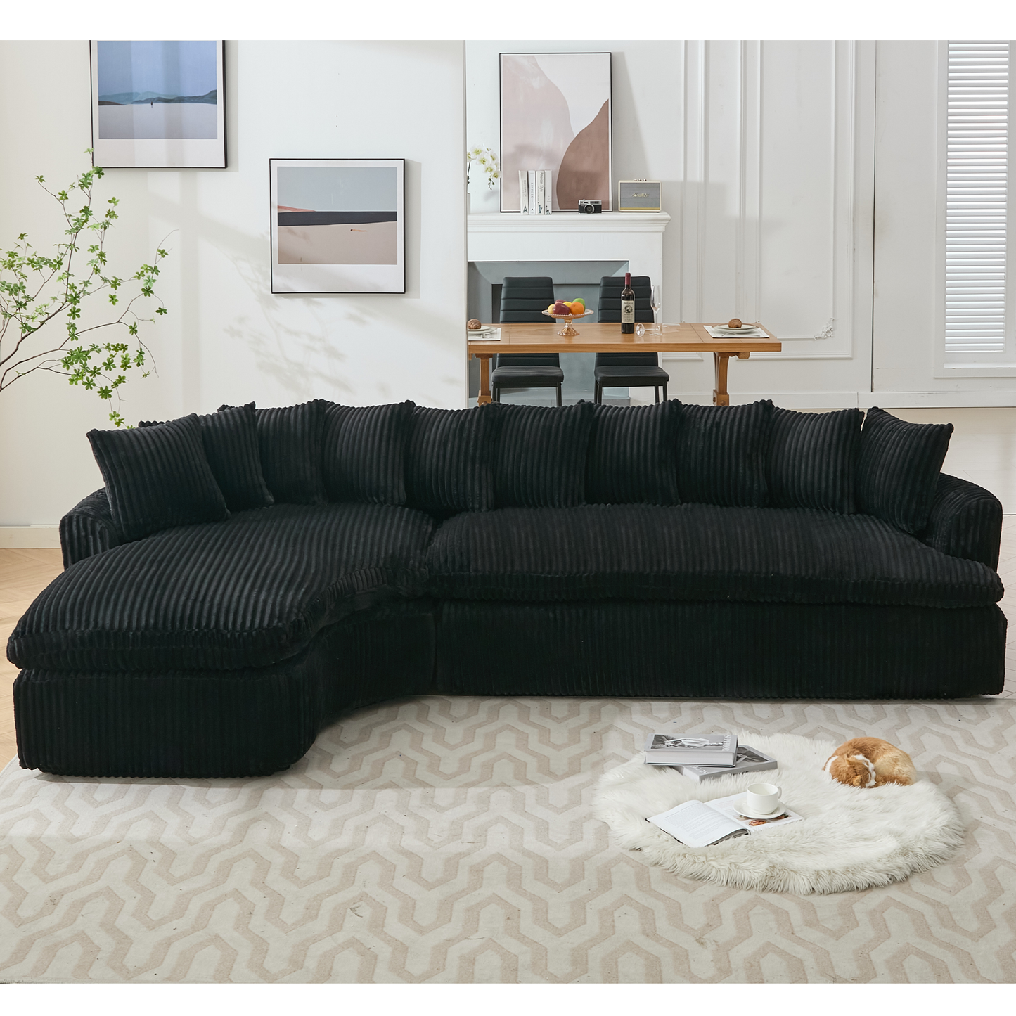 NEW 127''  Large Sectional Sofa ,Elegant Curved Design ,High-Resilience Foam ,Ten Back Cushions,L-Shape Left Sofa,No Assembly  Required , (Black-Soft Corduroy Fabric)
