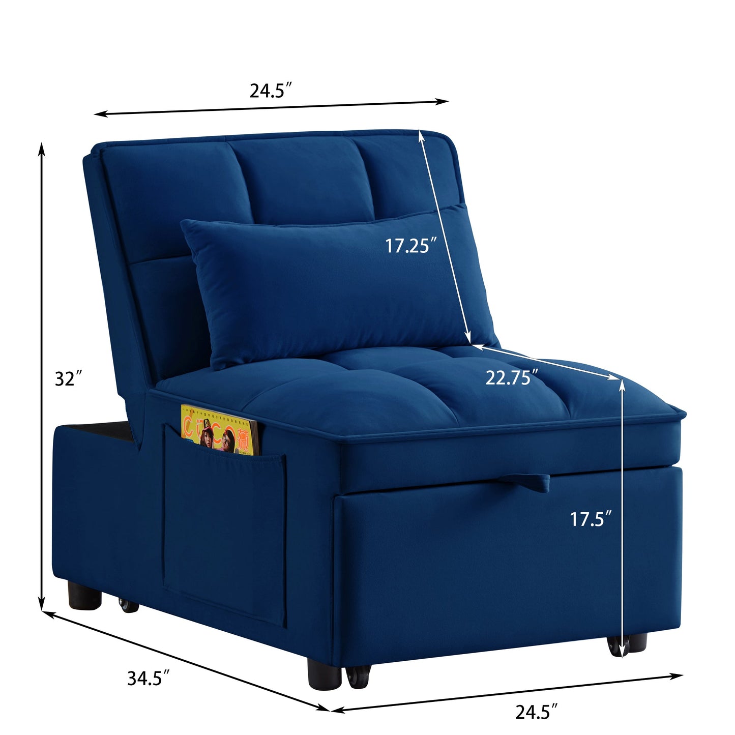 NEW 4 in1 Multi-Function Single Sofa Bed with Storage Pockets,Tufted Single Pull-out Sofa Bed with Adjustable Backrest and Pillows ,Convertible  Chaise Lounge, Navy