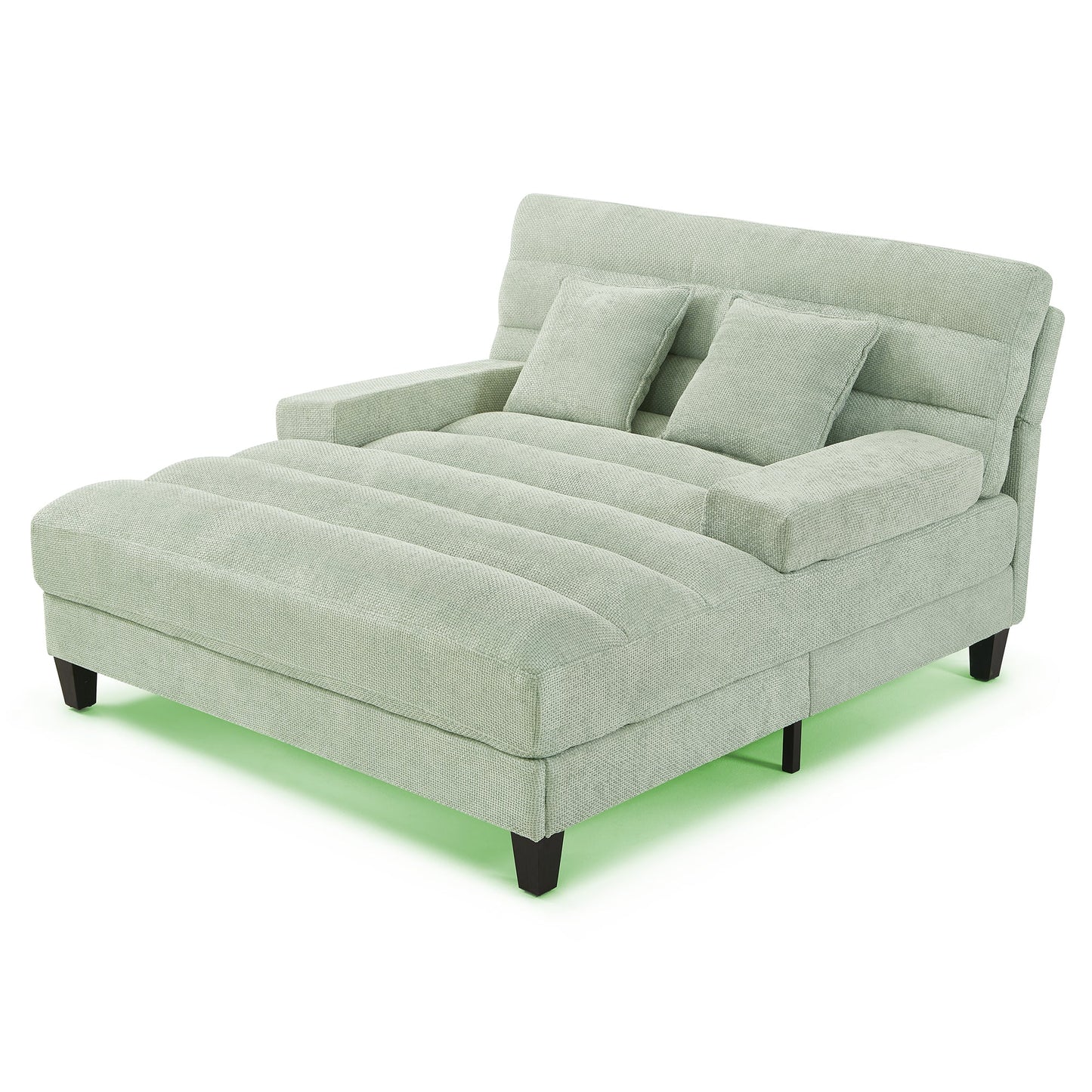 NEW Modern Chaise Lounge Sofa Bed with Adjustable Backrest and LED Light Strip, Green Chenille Upholstered, 57.1 Inches