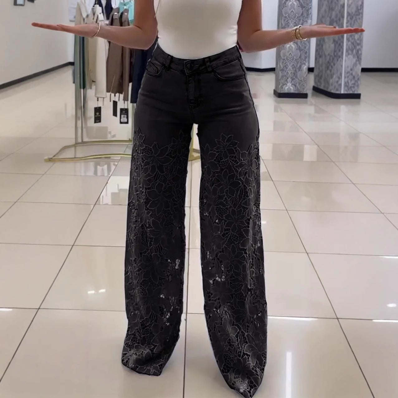 New Y2K Lace Flowers Hollow Jeans Fashion High Waist Straight Wide Leg Pants Solid Color Trousers Women's Clothing