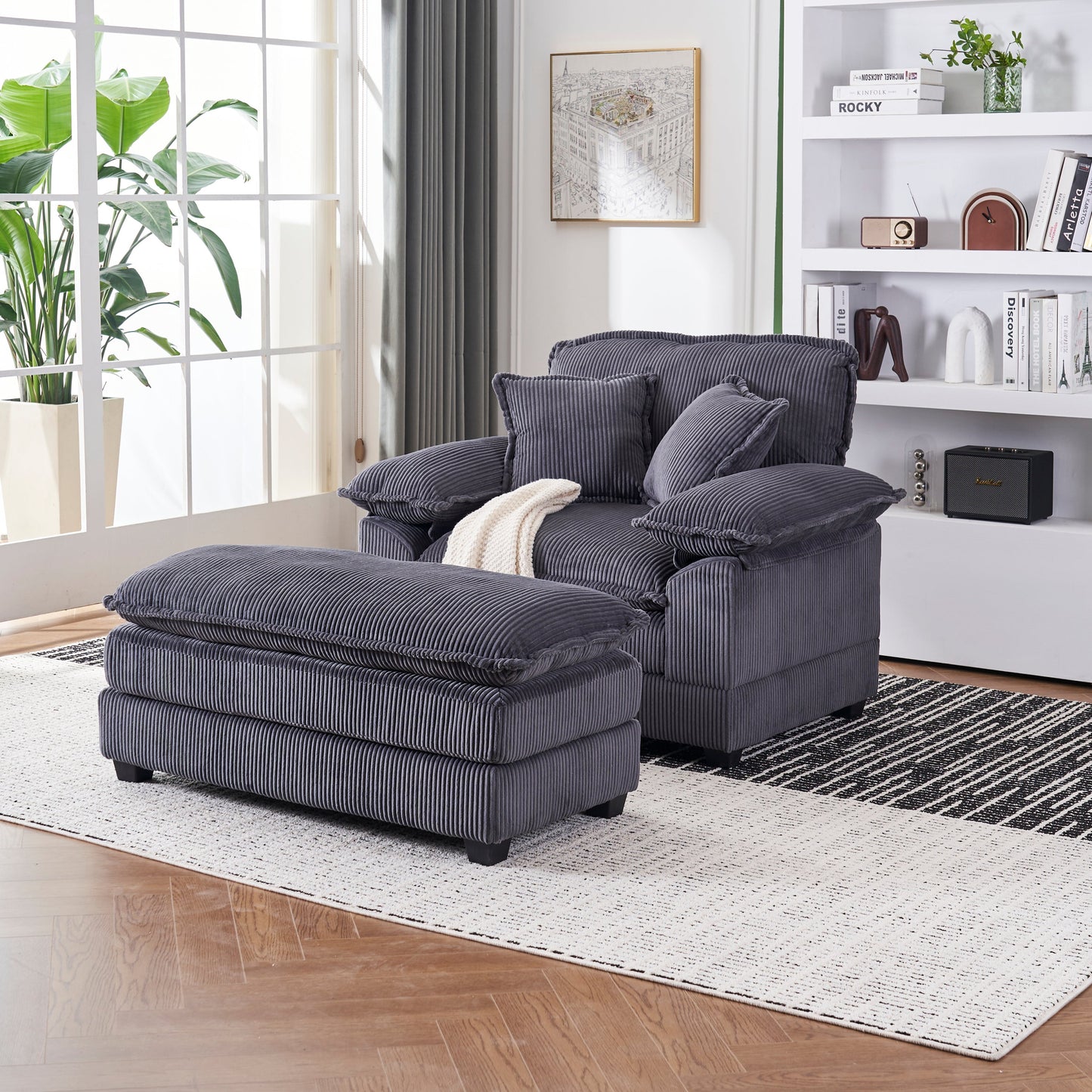 NEW 56.3 Inch Corduroy Single Comfy Deep Seat Couch Sofa with 2 Toss Pillows and Ottoman