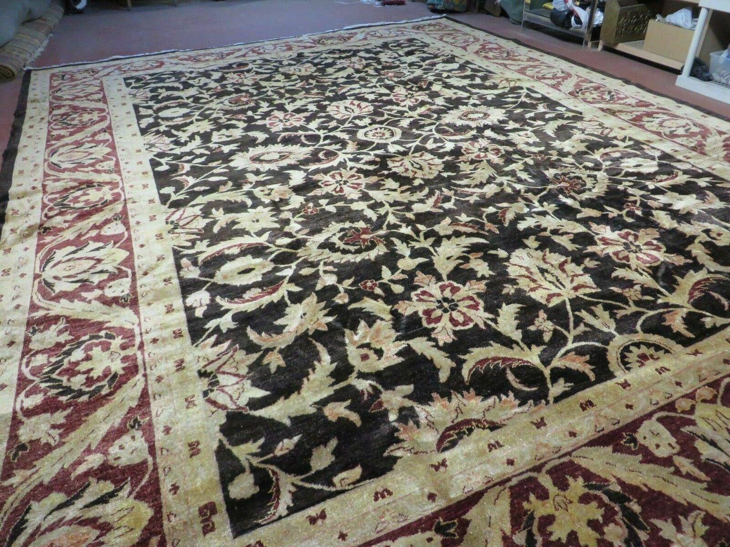 USED 11' X 15' Vintage Hand Knotted Indian Agra Wool Rug Hand Made Dark Brown Floral