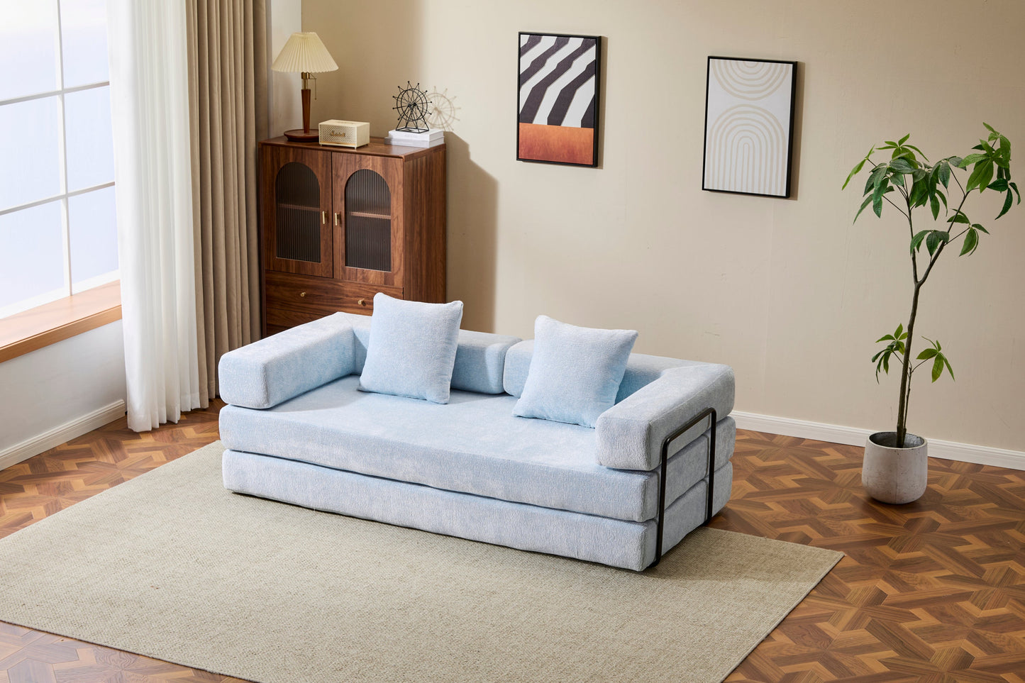 NEW Light Blue Chenille Fabric Floor Couch Compression Convertible Sofa Bed with Pillow Back Support Armrest Comfy Futon Couch Lounge Sleeper Bed