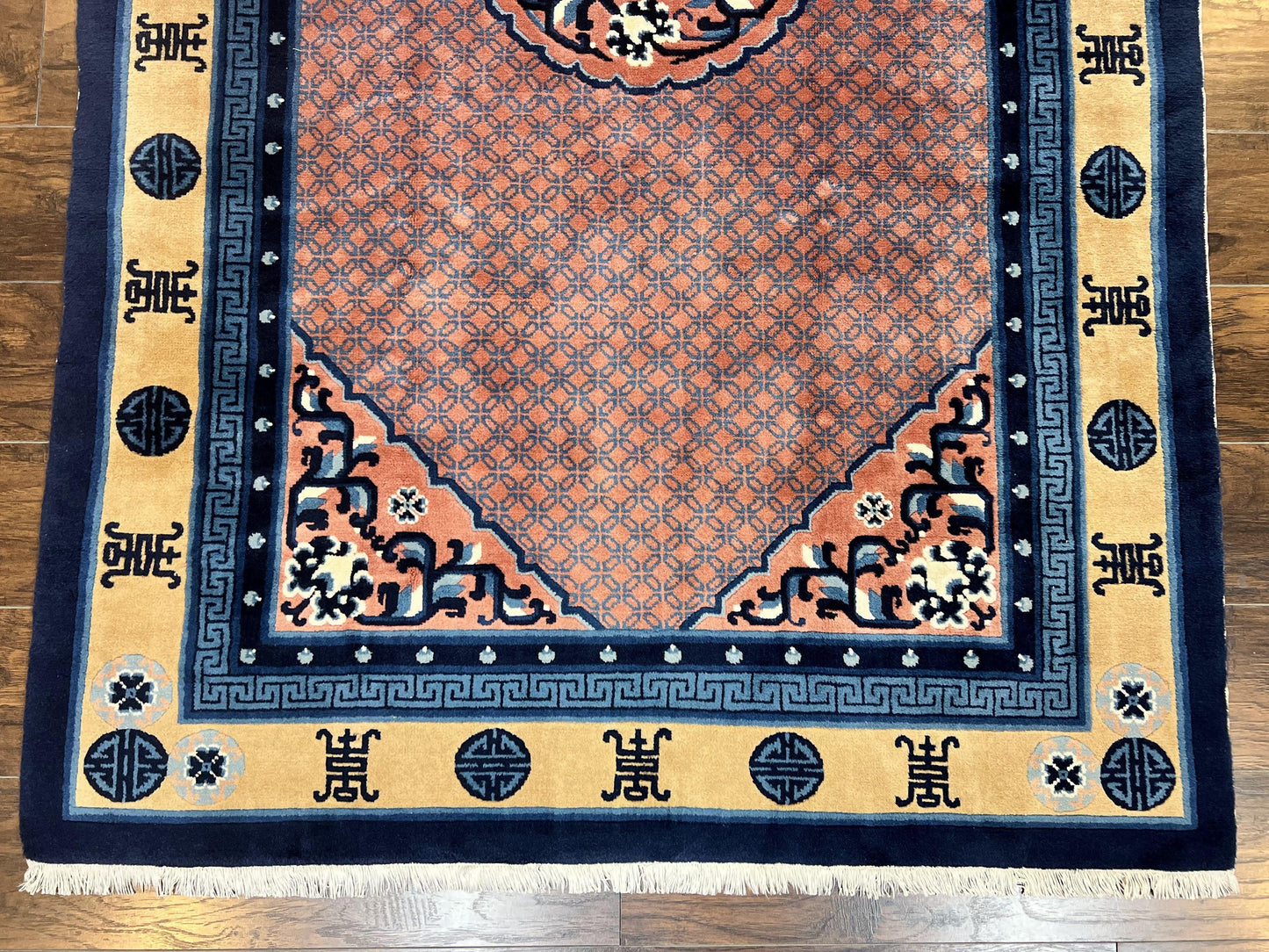 USED Chinese Peking Rug 5x8, Vintage Semi Antique Chinese Art Deco Carpet, Wool Pile Light Red/Salmon Gold Navy Blue, Handmade Asian Oriental Rug