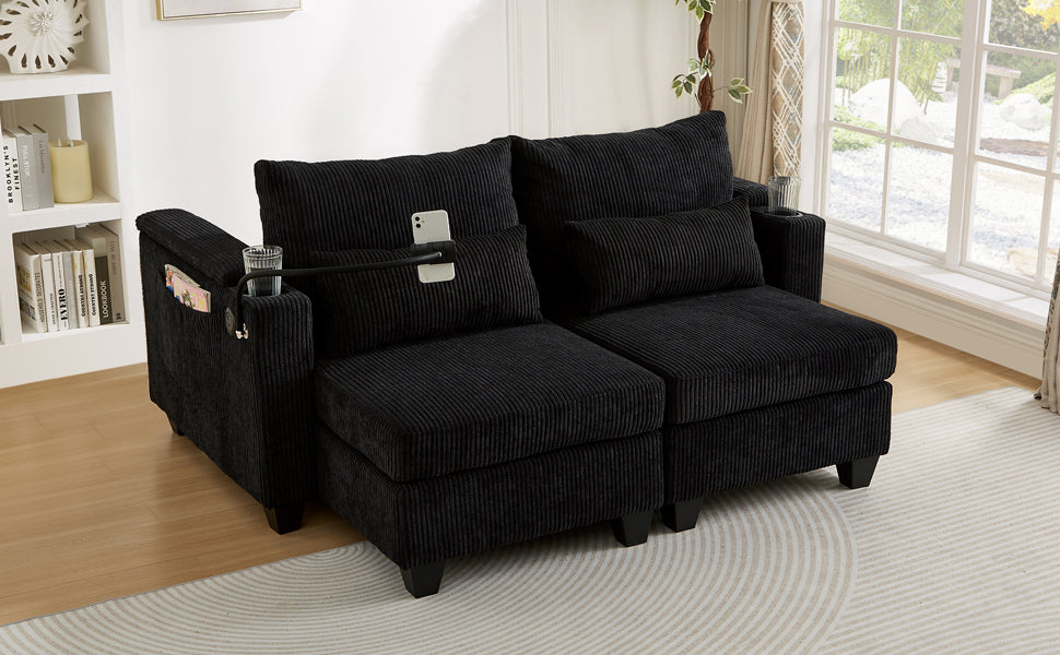 NEW Convertible Chaise Lounge 63' Loveseat Sofa Bed with USB Ports, Cup Holders, Phone Holder & Storage, Black Corduroy