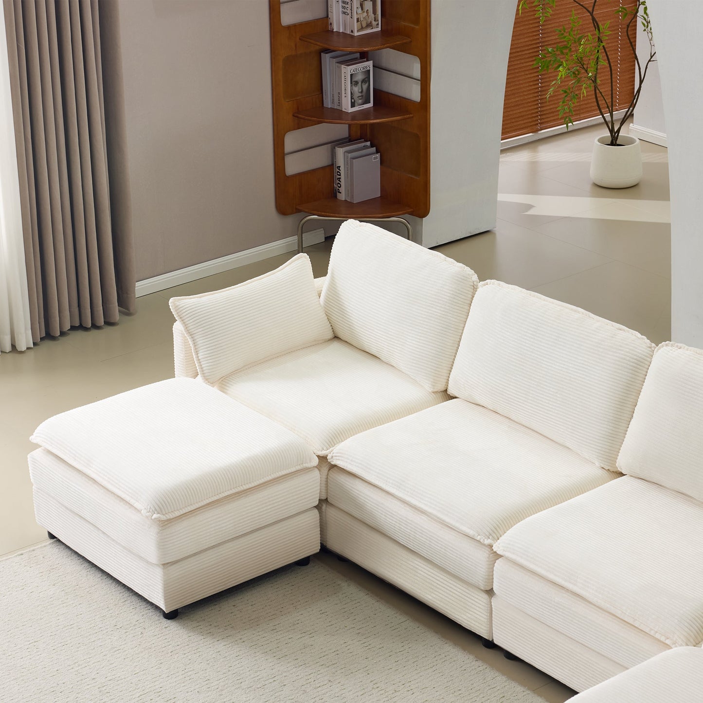 NEW 136' Plush Cloud 3-seater Sofa: Modular 4-seater Sofa + 2 Footstools with 22' Beige Chenille Cushions + 2 Throw Pillows - Compact Size for Apartment, Living Room, Bedroom (Beige)