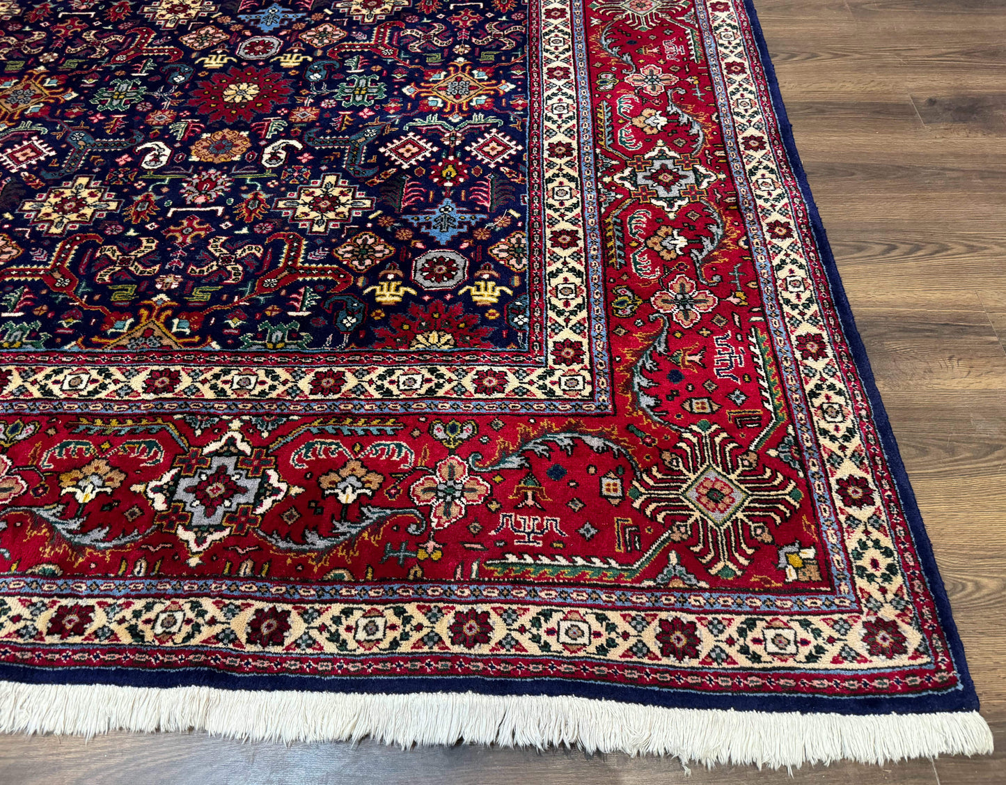 USED Large Persian Tabriz Rug 10x16, Navy Blue and Red, Allover Pattern, Vintage Hand Knotted Wool Carpet