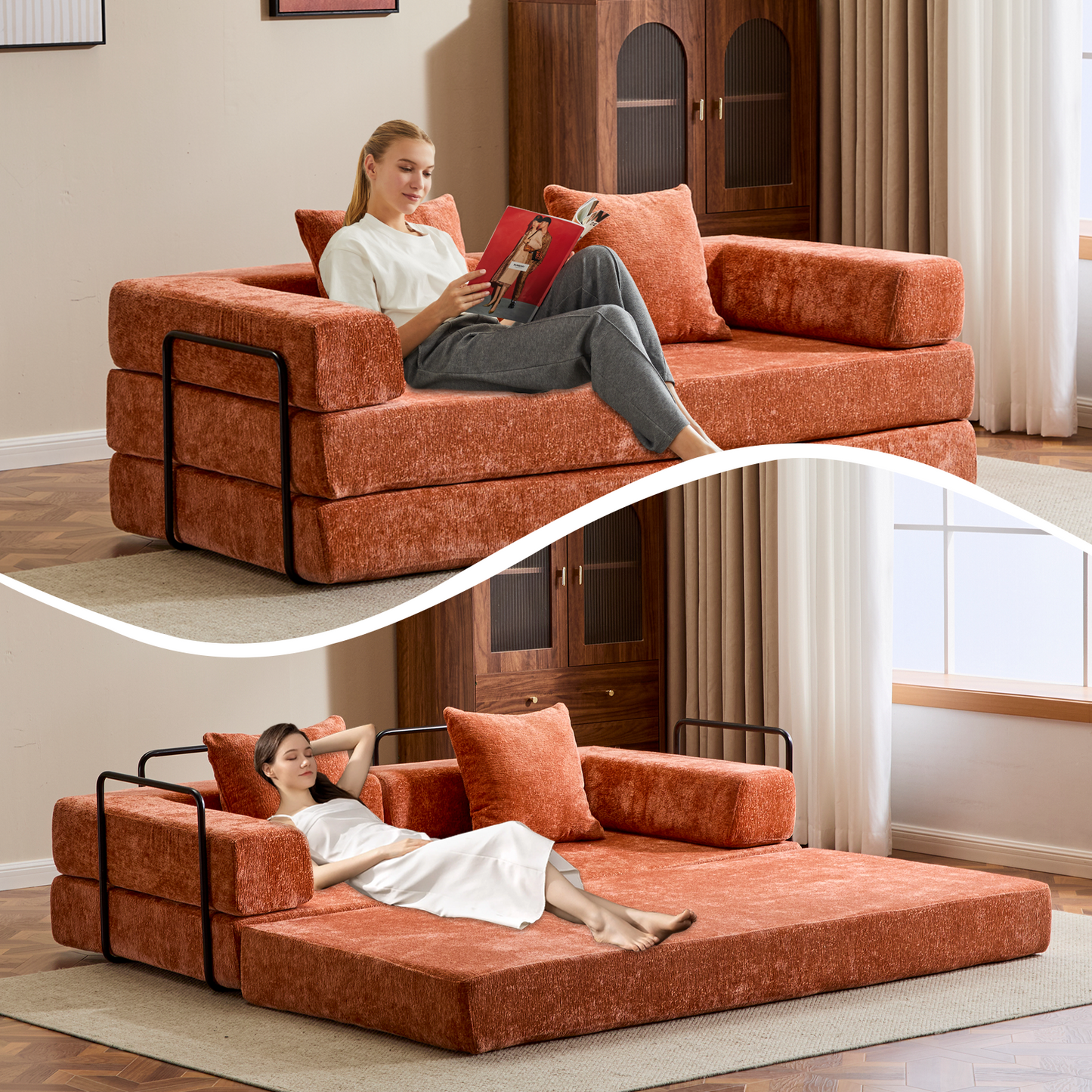 NEW Orange Chenille Fabric Comfy Futon Couch Lounge Sleeper Compression Convertible Floor Sofa Bed Couch with Pillow Back Support Armrest Bed