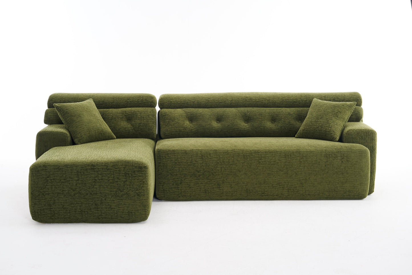 NEW 105' Modula Compression Sponge L-Shaped, Chesterfield-Inspired Design, No-Assembly Chenille Couch, 30D High-Density for Living Room, Bedroom, Apartment.Green.