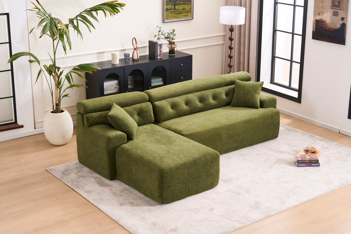 NEW 105' Modula Compression Sponge L-Shaped, Chesterfield-Inspired Design, No-Assembly Chenille Couch, 30D High-Density for Living Room, Bedroom, Apartment.Green.