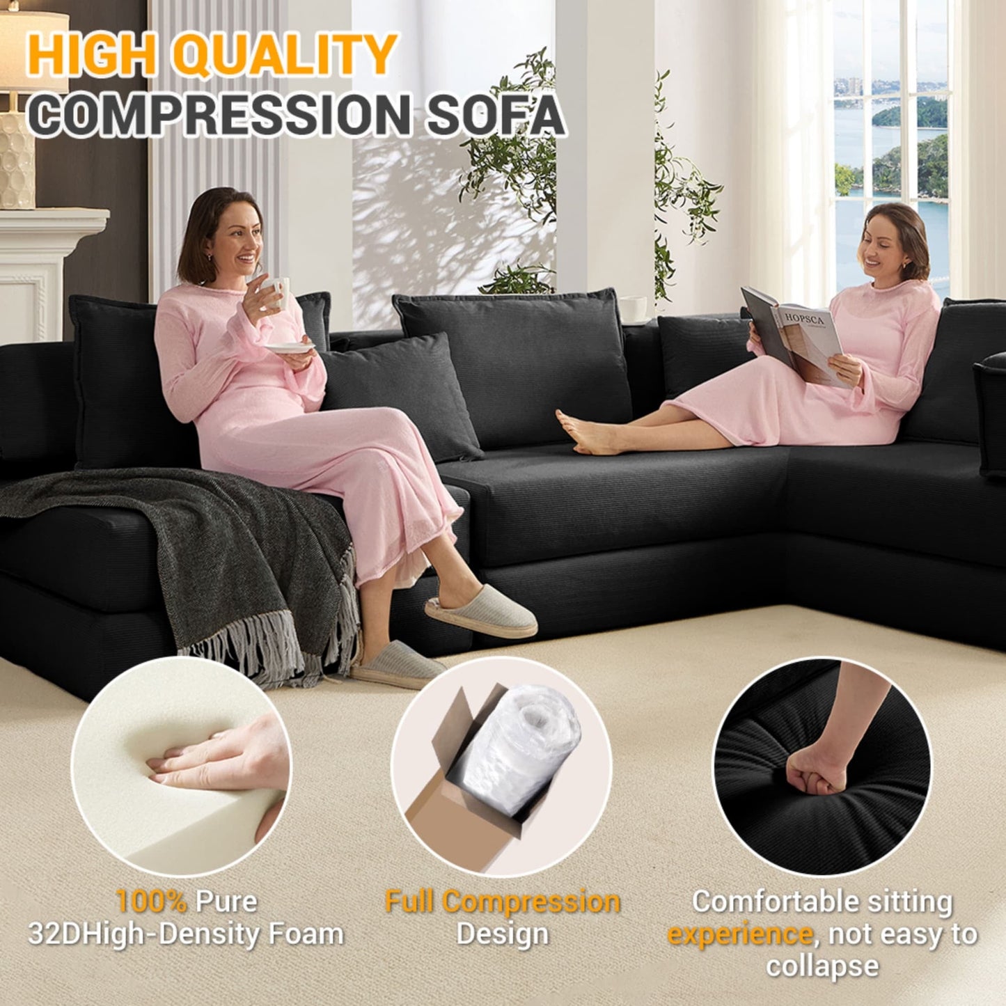 NEW Oversized Black Upholstered Sectional Sofa Set Modular 118.2' L Shaped Living Room Sofa Set with 6 Pillows