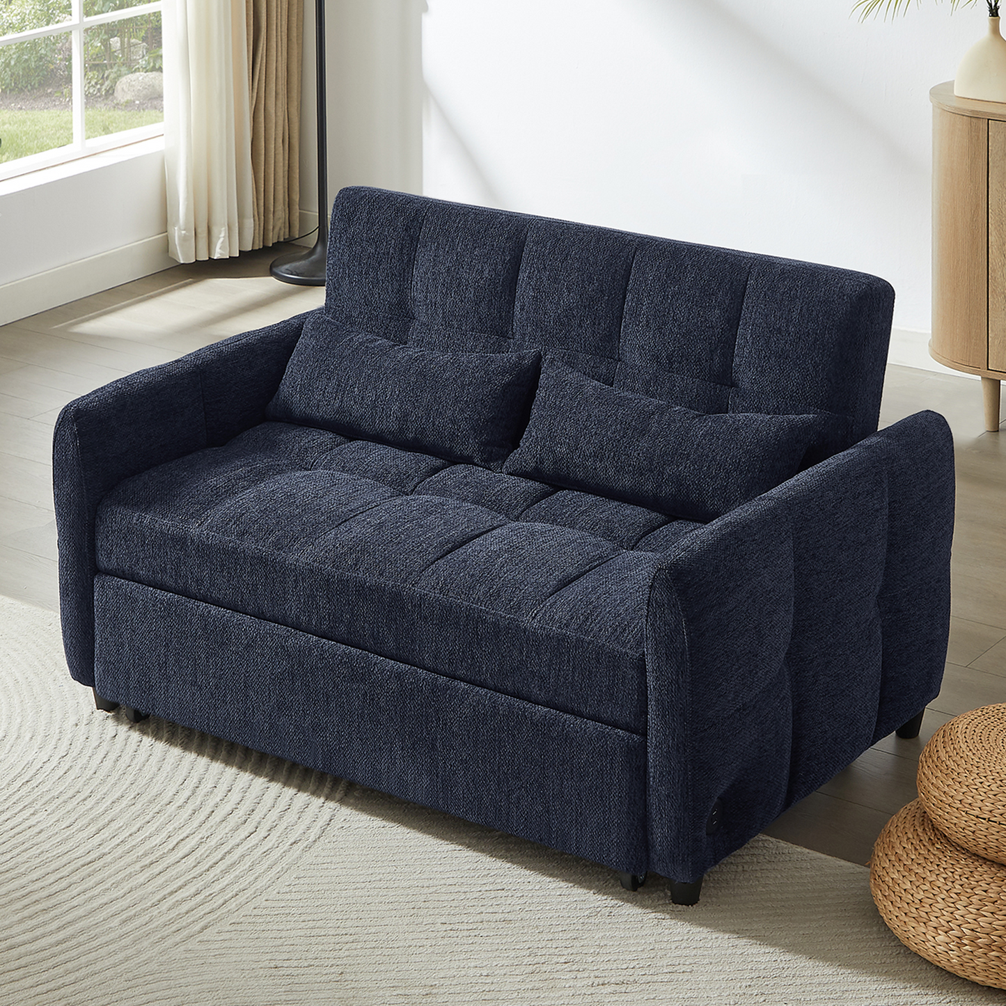 NEW Modern Loveseat Sofa Pull-out Bed with Adjustable Backrest, USB Ports, Lumbar Pillows, Blue Chenille, 52.8'