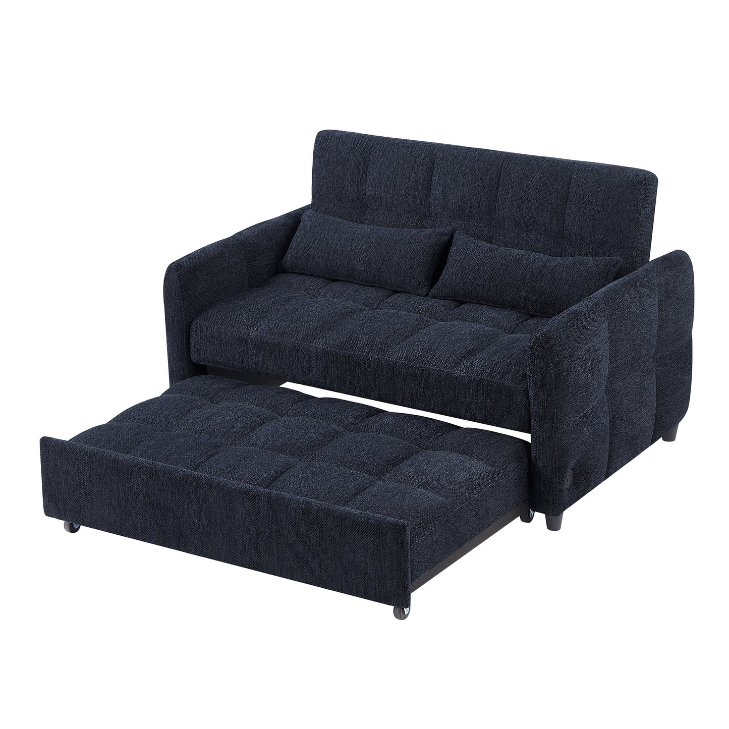 NEW Modern Loveseat Sofa Pull-out Bed with Adjustable Backrest, USB Ports, Lumbar Pillows, Blue Chenille, 52.8'