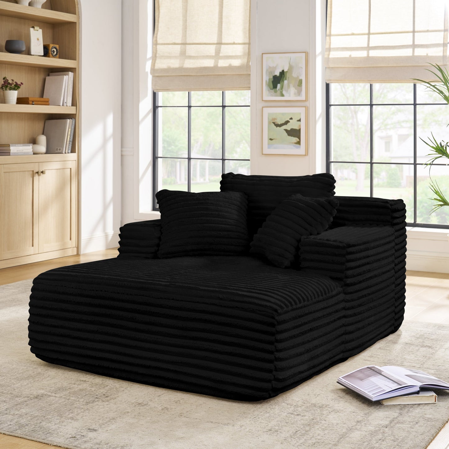 NEW Compressed Chaise Lounge Foam Fluffy Black Corduroy Upholstered Cloud Sofa Bed Couch with Deep Seat
