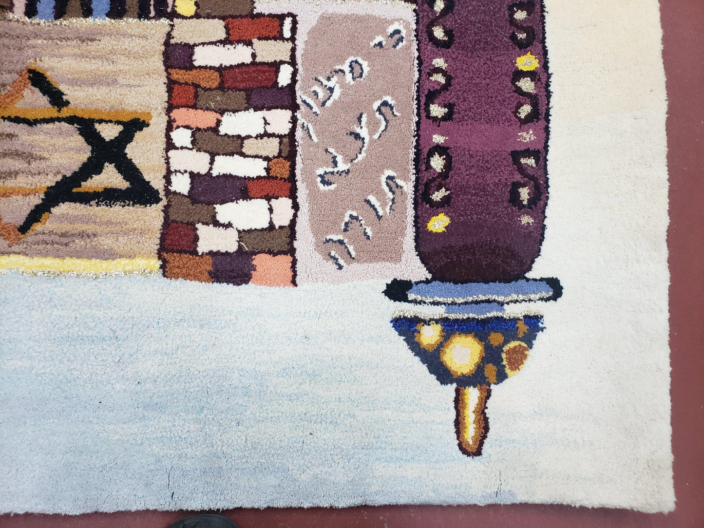 USED Vintage Judaica Pictorial Rug 3x5, Wool Hand-Tufted Israeli Signed Rug, Jerusalem Rug, Star of David Torah Scroll Verses, Chanuka Gift