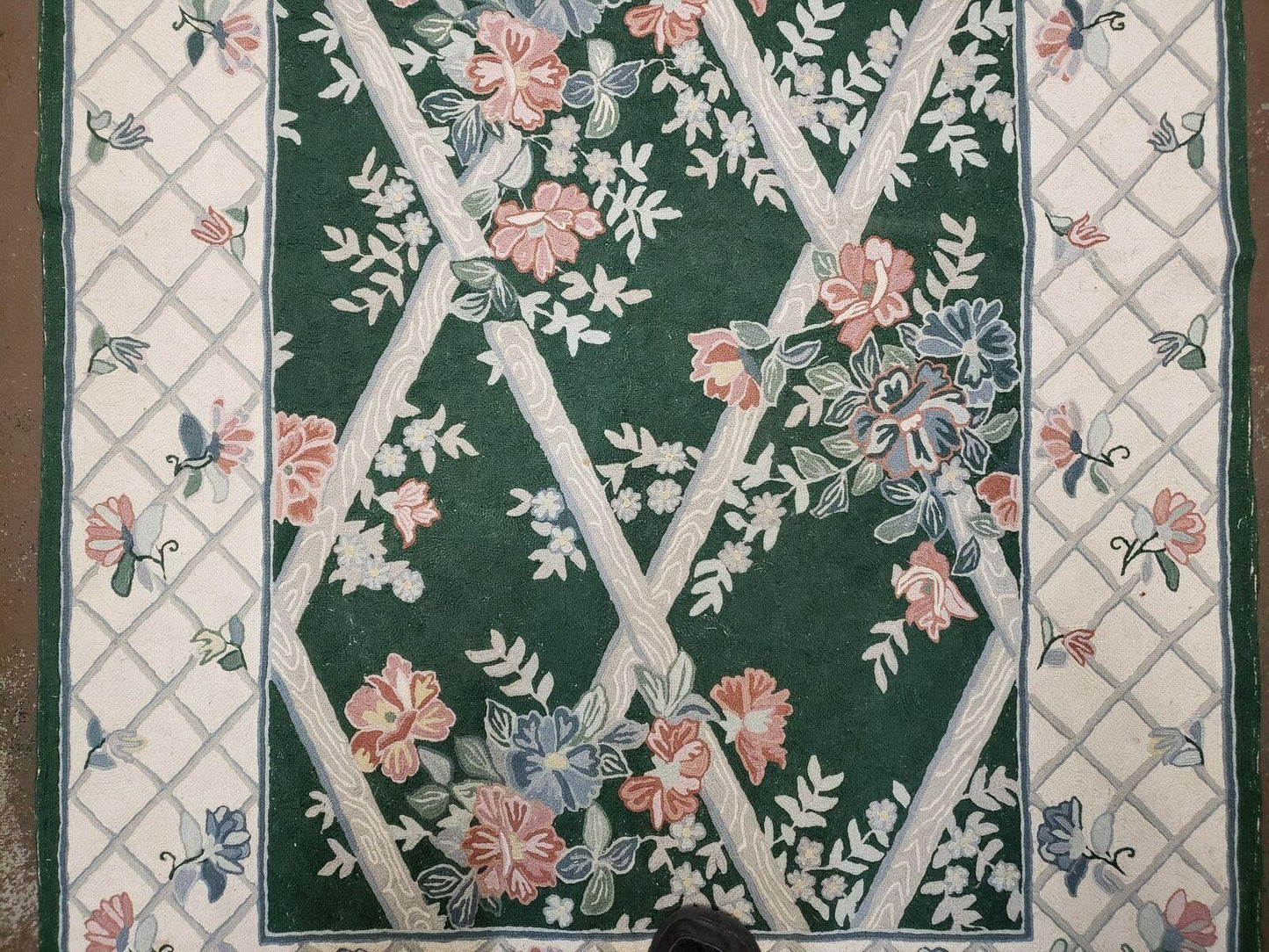 USED 3' 6" X 5' 6" Hand Stitched Indian Wool Rug with Backing Green Beige