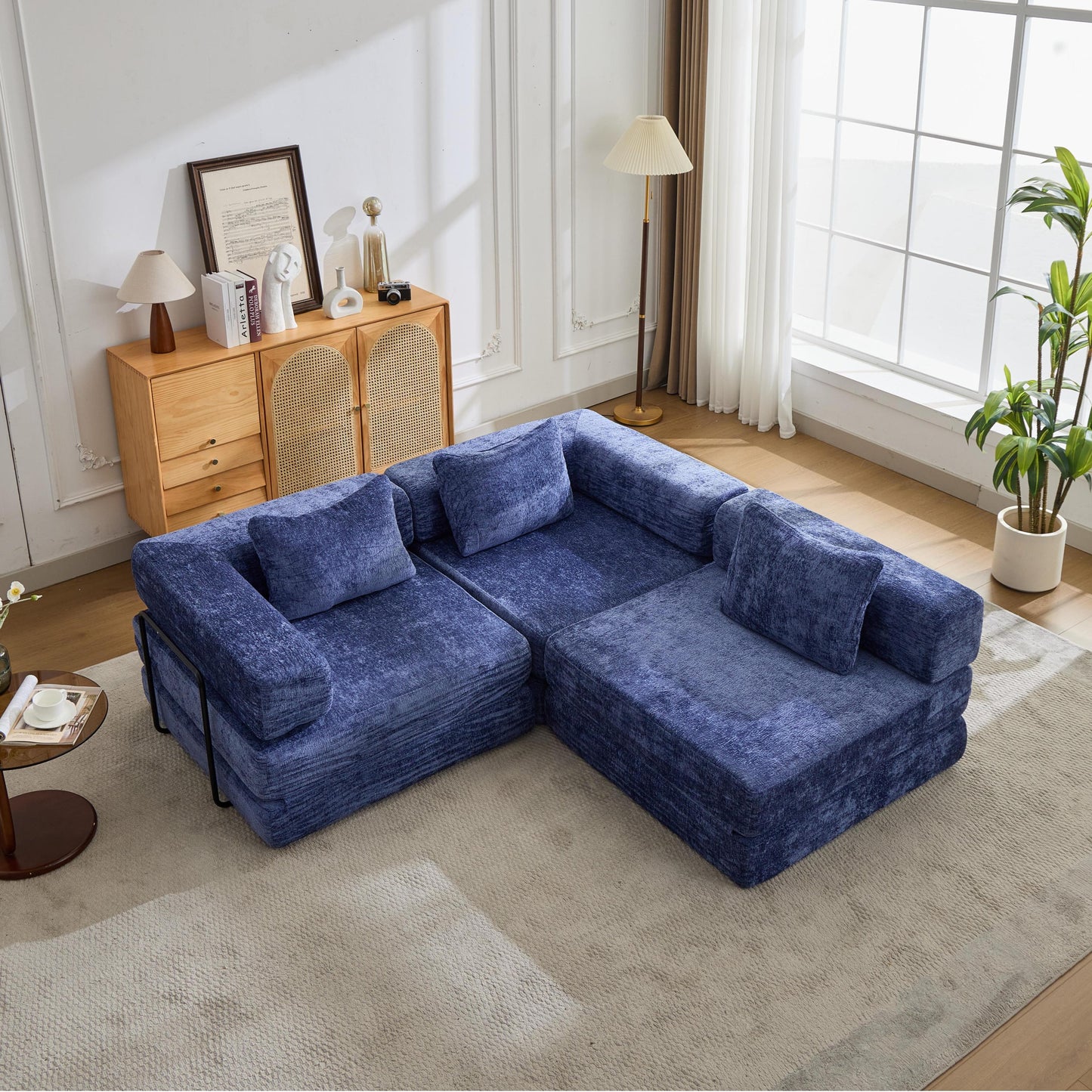 NEW Dark Blue Chenille Fabric Compression Convertible Floor Sofa Bed with Fixed-Shape Frame Boneless Modular Sectional Couch