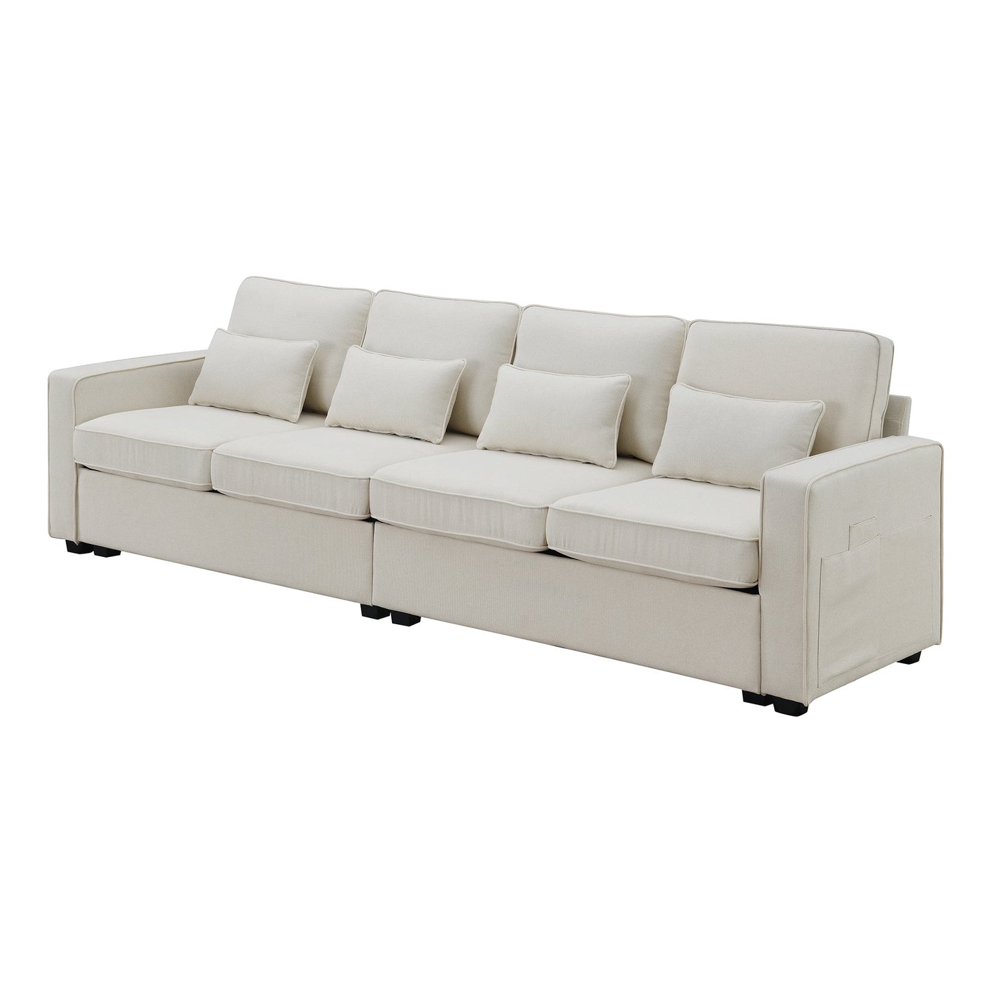 NEW 104' Four Seater Modern Linen Fabric Sofa Couch with Armrest Pockets and 4 Pillows