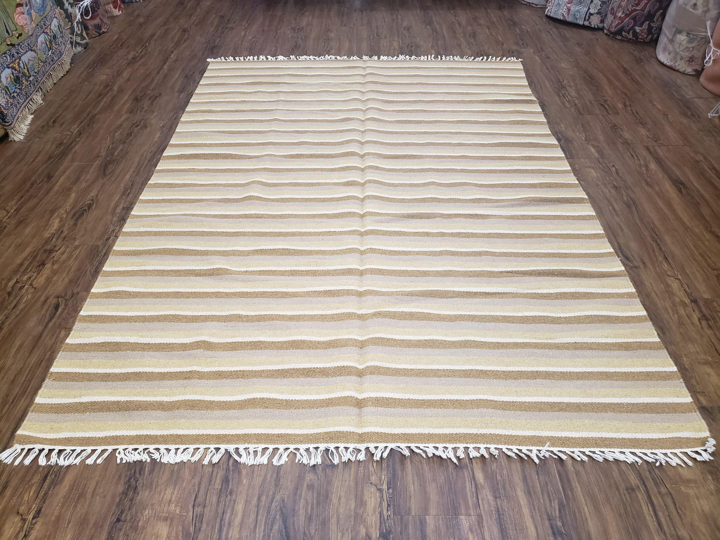 USED New Indian Striped Blanket, Multicolor Earthern Tones Kilim Rug, Wool Handmade South American Style Blanket, Queen Sized Bedspread 5x8 - 6x8