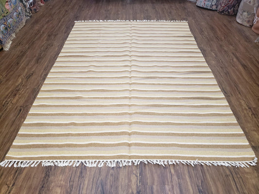 USED New Indian Striped Blanket, Multicolor Earthern Tones Kilim Rug, Wool Handmade South American Style Blanket, Queen Sized Bedspread 5x8 - 6x8