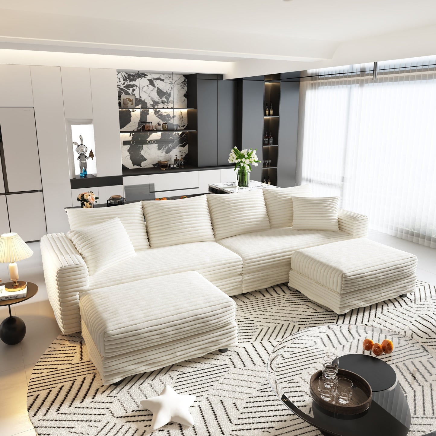 NEW 104.3' Modern 4-Seat  Beige Comfy Upholstered Plush Corduroy Sofa