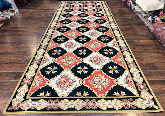 USED Wide Runner Rug 6x17 ft, Custom Made Vintage Stark Carpet 6 x 17 ft, Red Black Ivory, Corridor Hallway Rug, European Panel Design, Floral