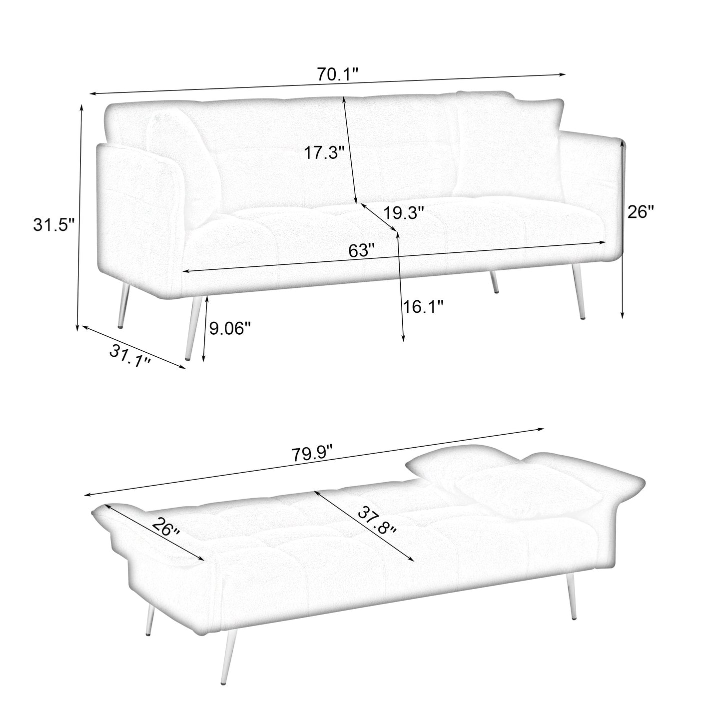 NEW 70.1 'futon sofa bed, convertible double sofa bed with folding armrests for living rooms and small Spaces