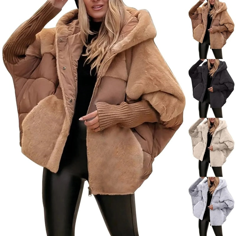 New Women's Loose Cotton Coat Faux Fur Patchwork Winter Coat Comfort Chic Long Sleeve Hooded Jacket