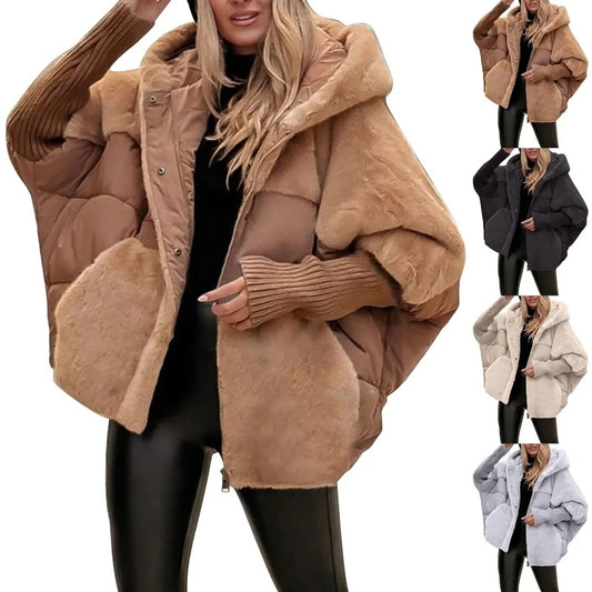 New Women's Loose Cotton Coat Faux Fur Patchwork Winter Coat Comfort Chic Long Sleeve Hooded Jacket
