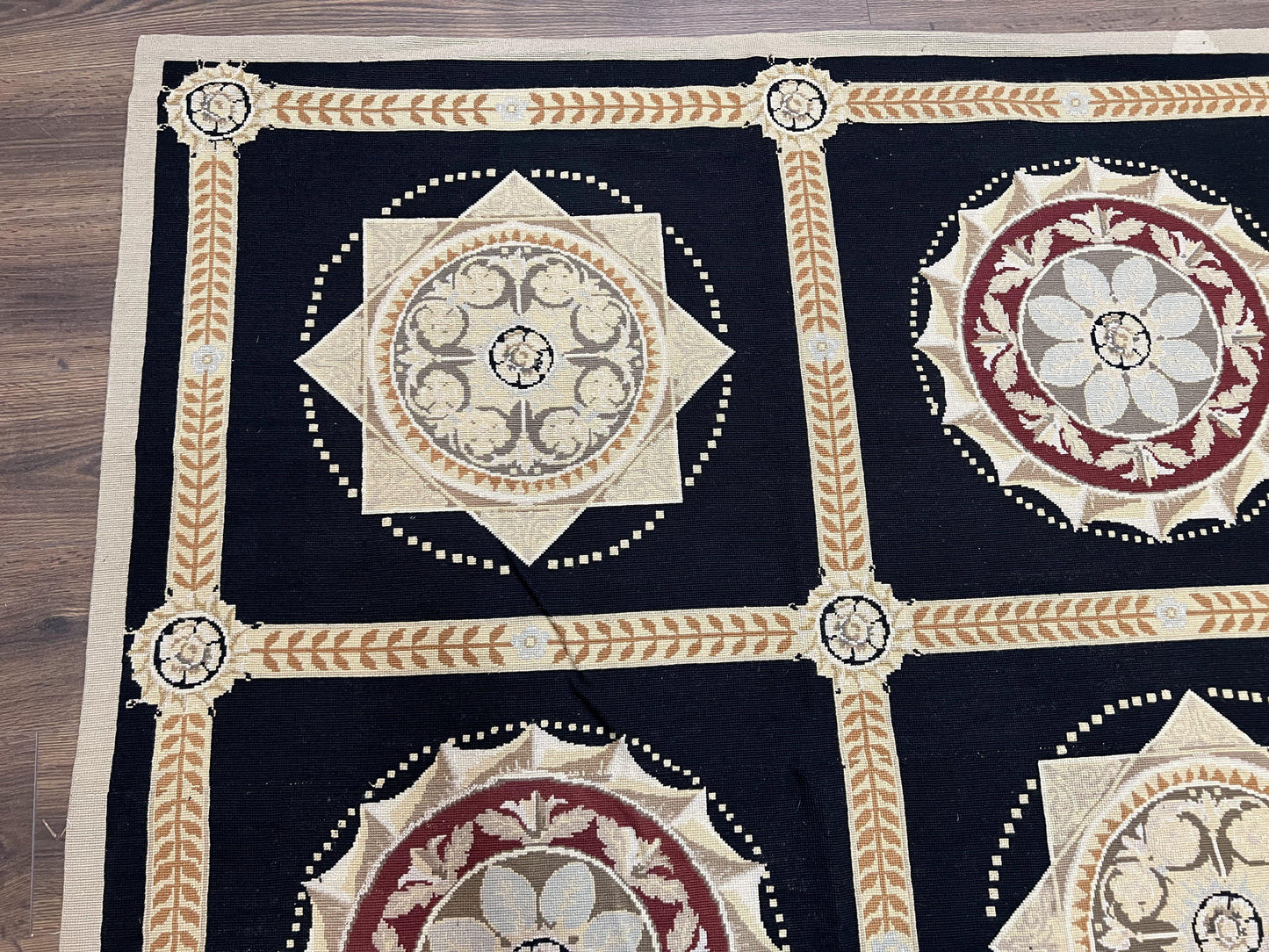 USED Large Needlepoint Rug 10x13, Panel Design, Black and Beige, Wool Needlepoint Carpet 10 x 13, English Garden, Handwoven Area Rug, Living Room