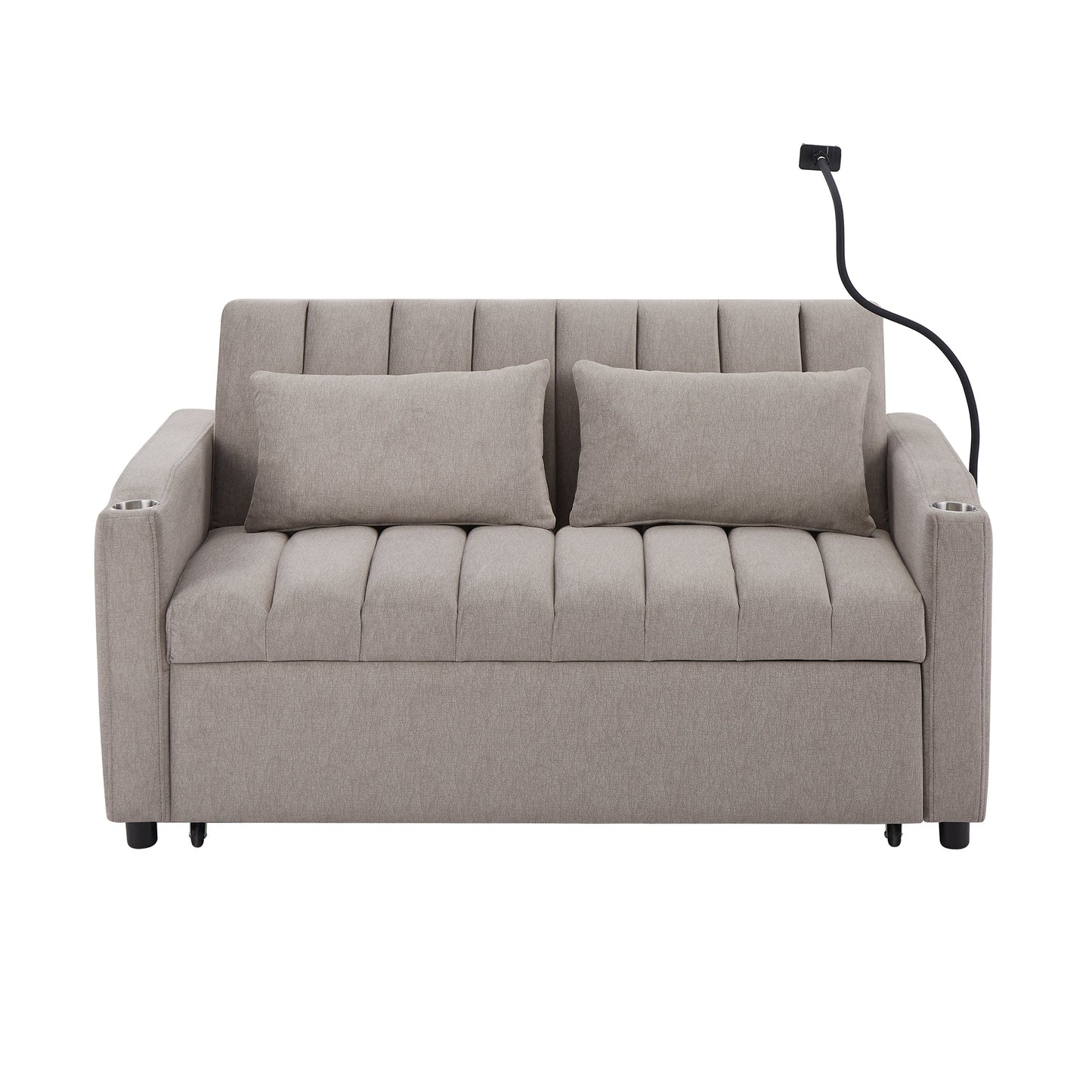 NEW Convertible Sofa Bed Loveseat with USB Ports, Side Pockets, Cup Holders & Swivel Phone Holder, Light Grey Bella Fabric