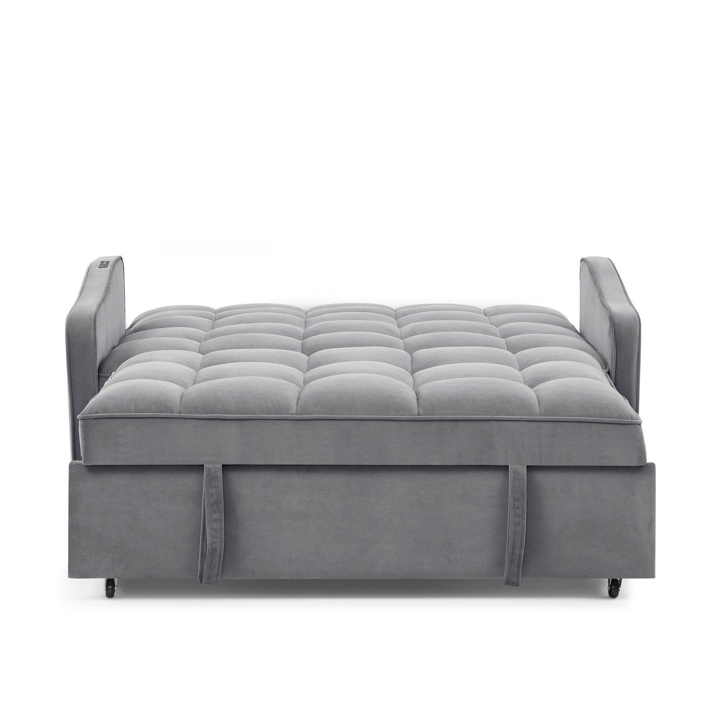 NEW Grey Copper Nail Loveseat Sofa Bed with Pull-out Bed Adjustable Back and Two Arm Pocket TypeC USB Charging