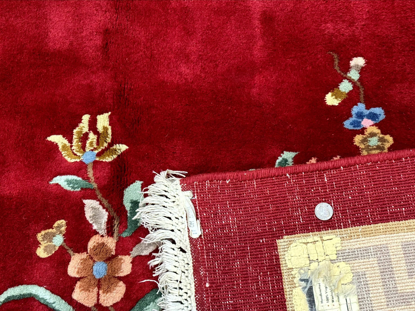 USED Indo Chinese Wool Rug 9x12, Red Art Deco Carpet, Vintage