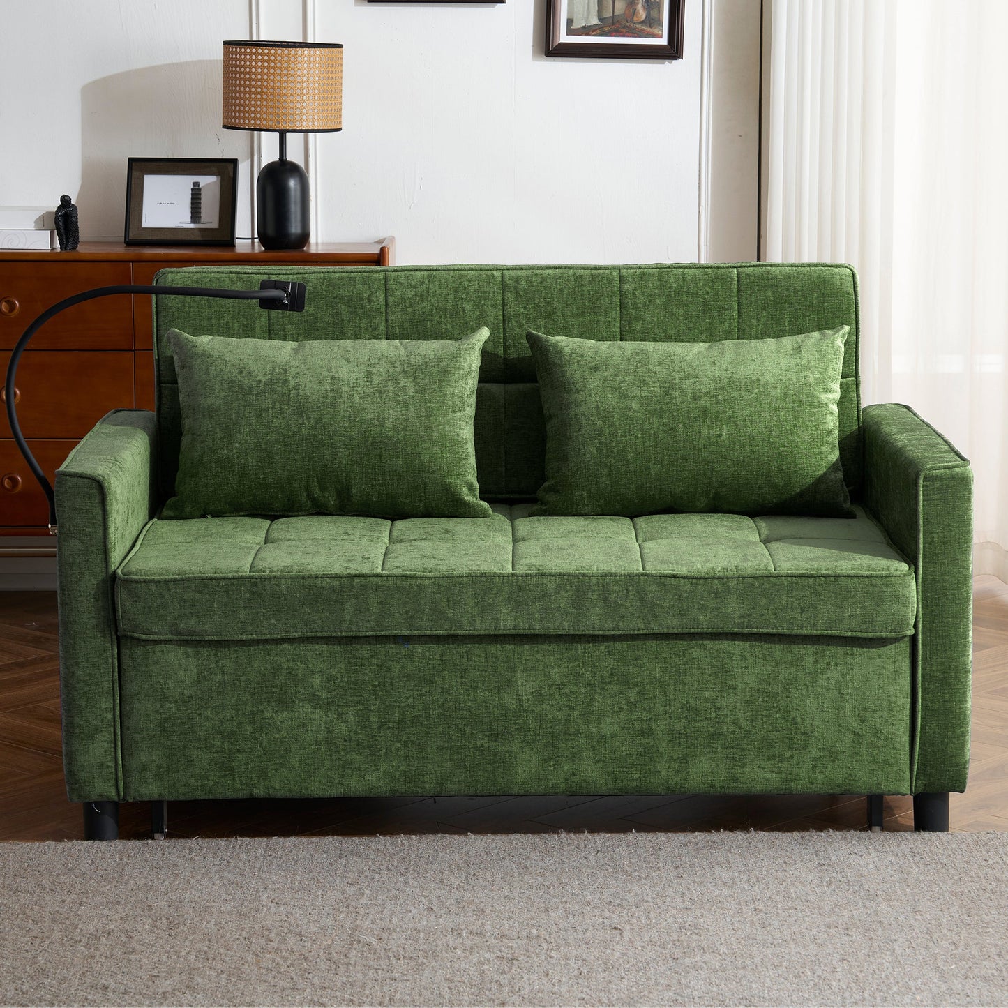 NEW 56.9' Convertible Loveseat Sofa Bed with Adjustable Backrest, USB Ports, Phone Holder, Side Pockets, Green Chenille,