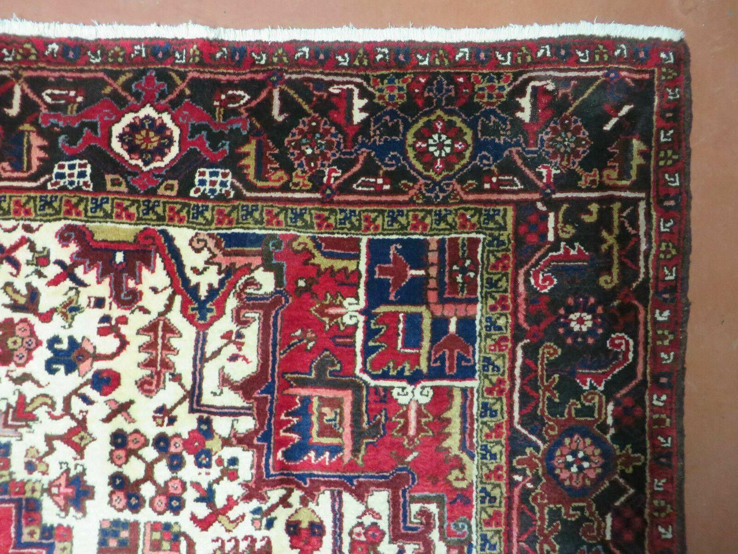 USED Wonderful Persian Heriz Rug 8.6 x 11, Geometric Heriz Carpet, Semi Antique Decorative Area Rug, Red Ivory Dark Blue Handmade Wool Room Sized
