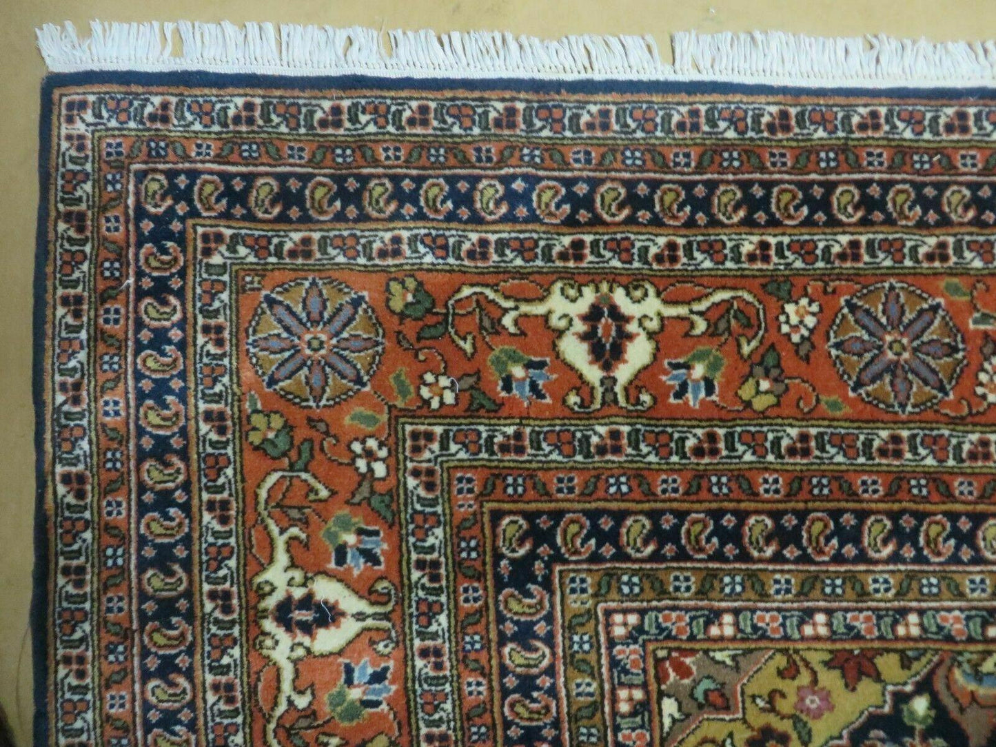 USED Indo Persian Rug 9x12, Semi Open Field Medallion, Ivory Tomato Red Navy Blue, Hand Knotted Indian Oriental Wool Carpet 9 x 12 ft, Room Sized