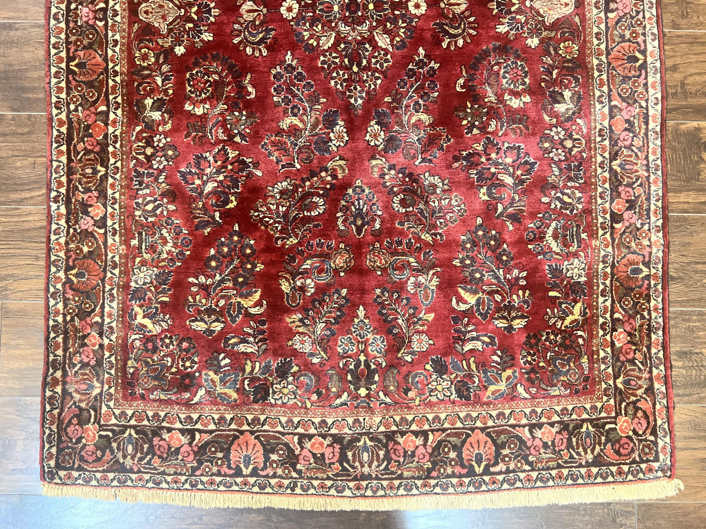 USED Antique Persian Sarouk Rug 4x7, Hand Knotted Wool Red Persian Carpet, Floral