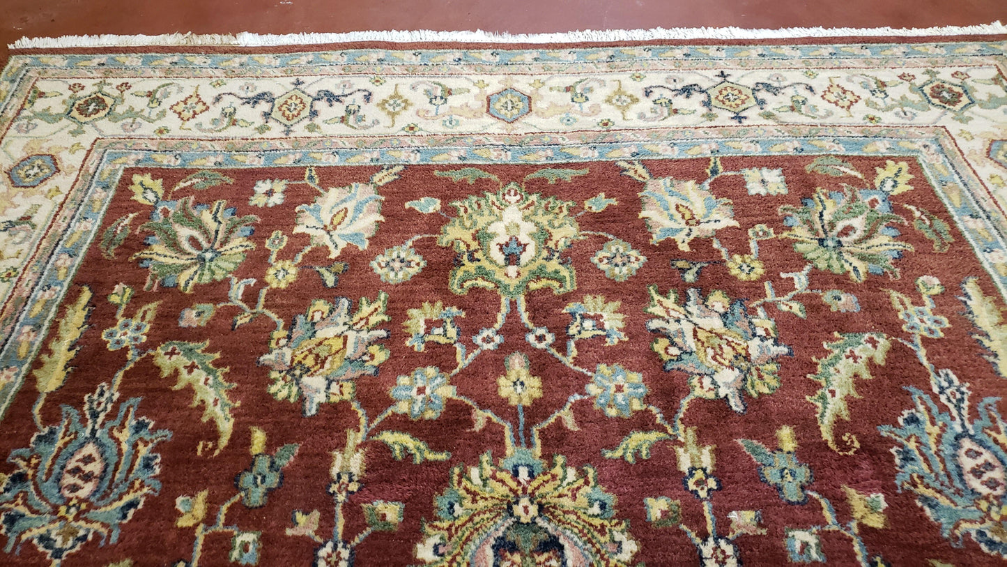 USED 8x12 Indo-Mahal Rug, Floral Allover, Red & Beige, Wool Vintage Handmade Traditional Carpet