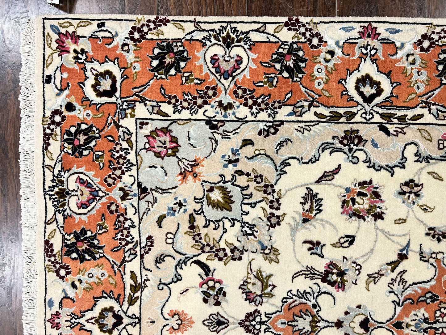 USED Persian Tabriz Rug 4.5  x 6.8, Finely Hand Knotted Wool with Silk Highlights Vintage Oriental Carpet, Cream and Salmon, High KPSI, Floral Medallion