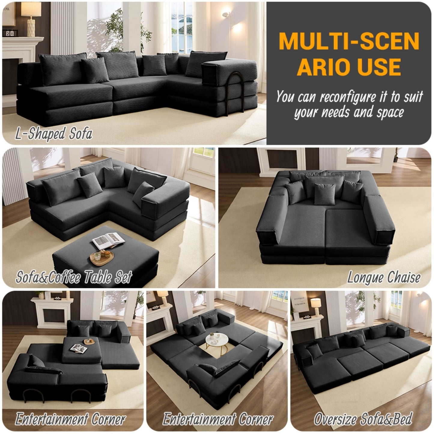 NEW Oversized Black Upholstered Sectional Sofa Set Modular 118.2' L Shaped Living Room Sofa Set with 6 Pillows