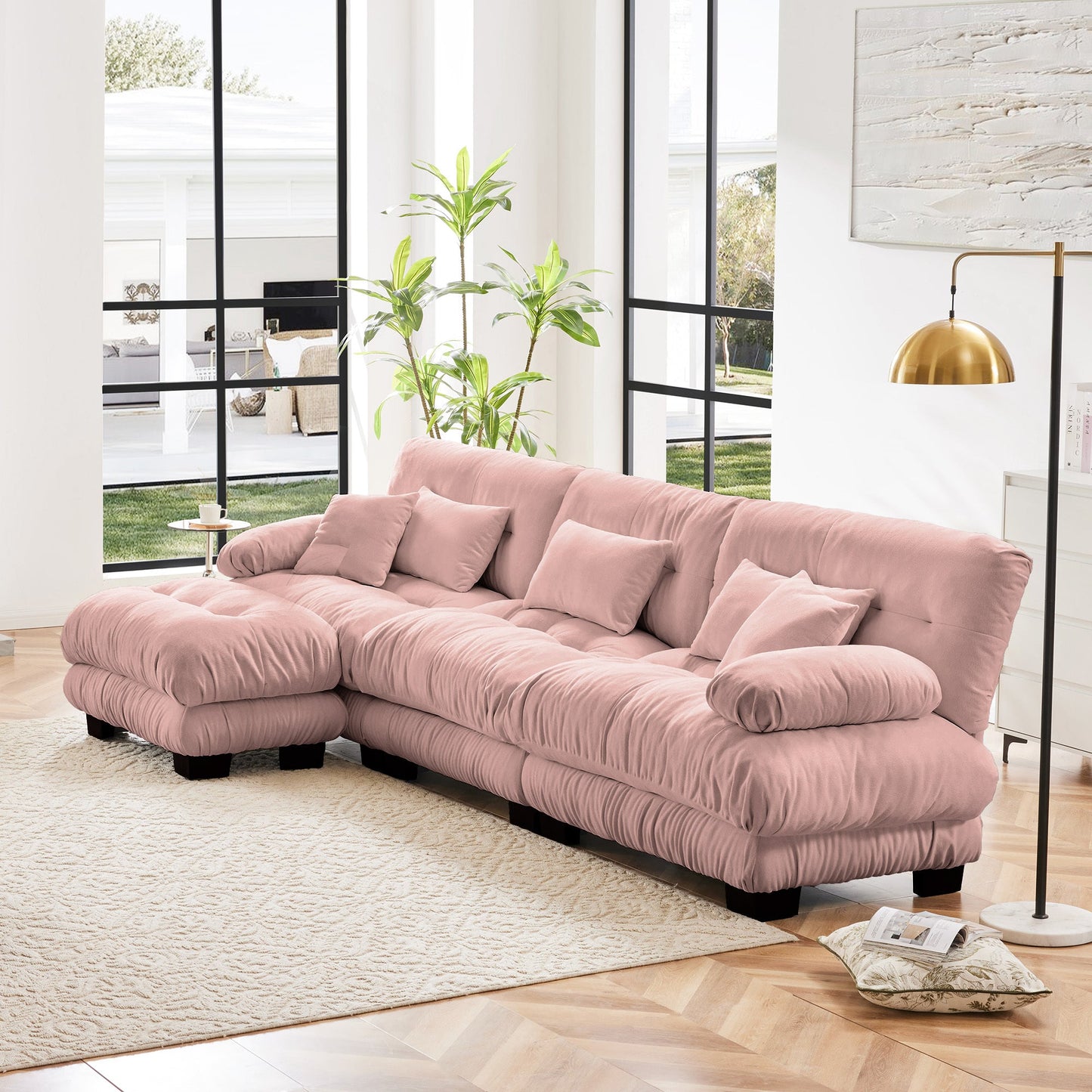 NEW Chenille Pink Luxury Modular Sectional Sofa Oversized L Shaped Cloud Deep Seat Couch with Convertible Ottoman