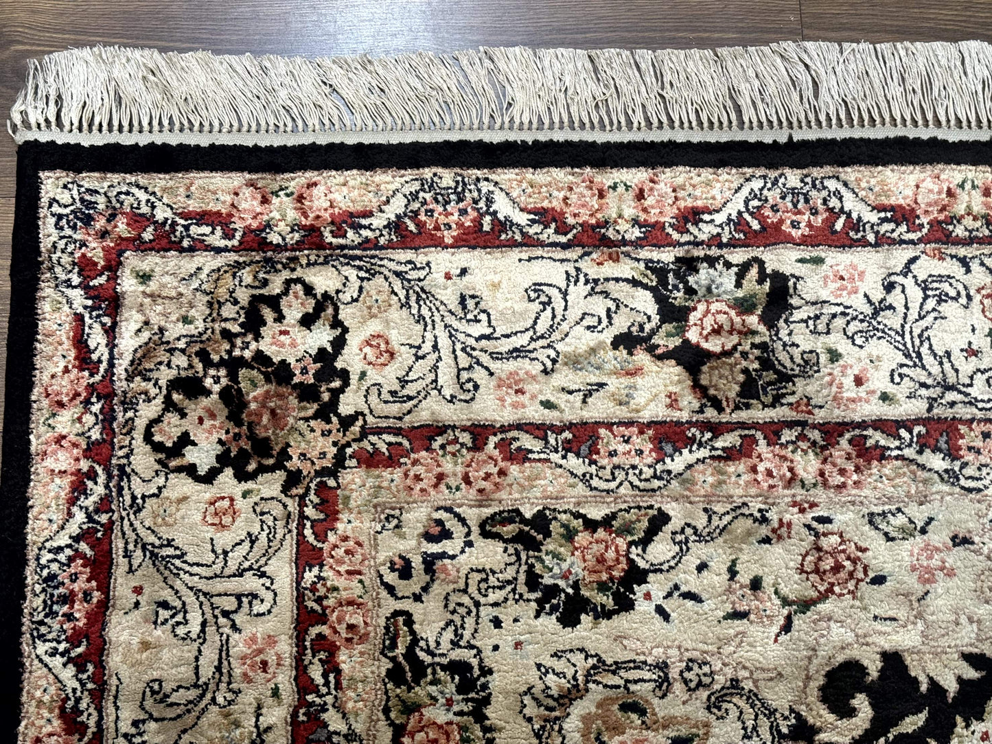 USED Indian Kashmiri Silk Rug, Floral Medallion, Vintage Hand Knotted Carpet