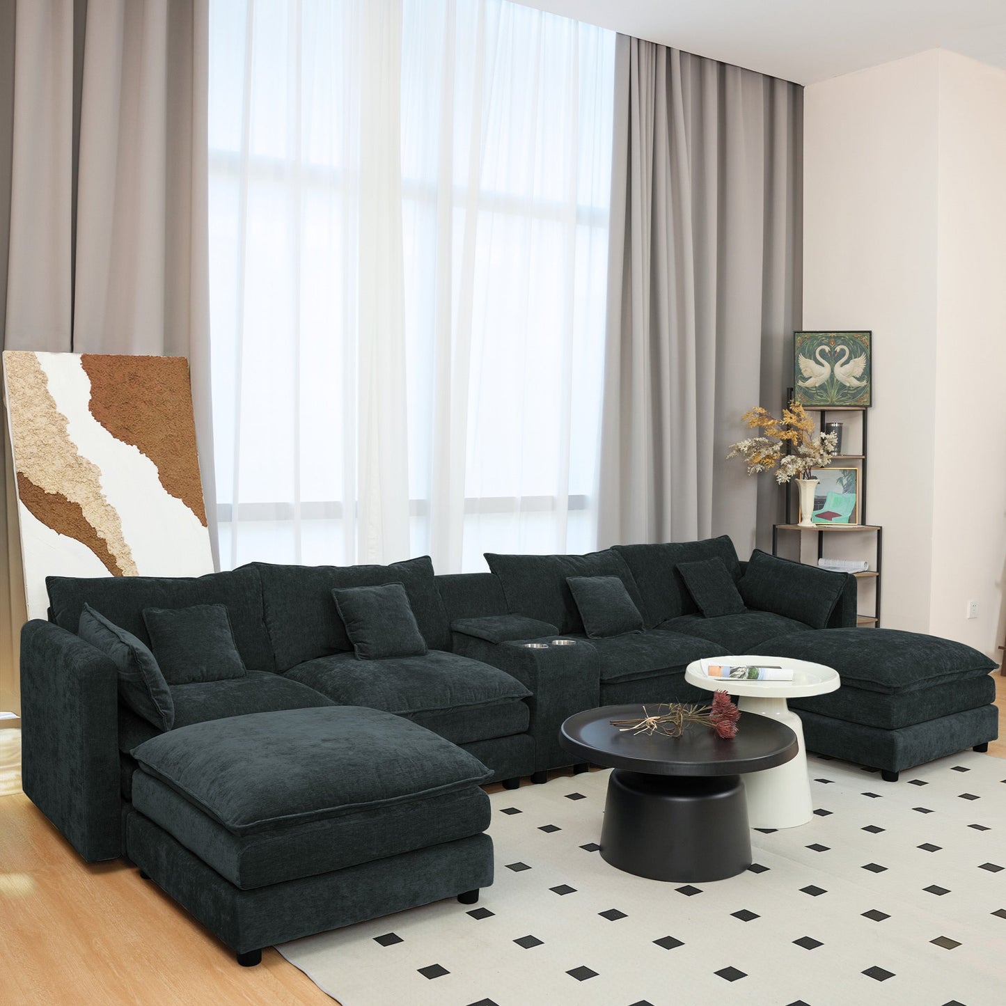 NEW Black U Shaped Sectional Cloud Couch Comfy Fluffy 6 Seat Sectional Modular Sofa with Movable Ottoman Console Cup Holders