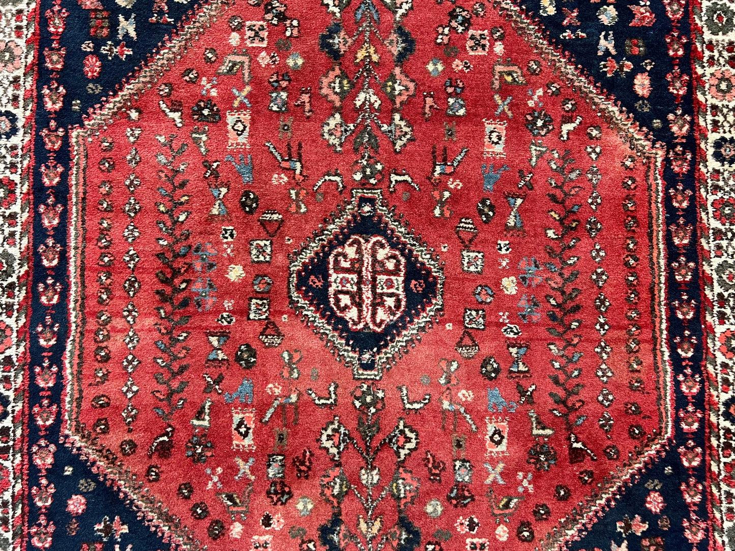 USED Persian Tribal Rug 3.6 x 5 ft, Persian Abadeh Rug, Geometric Medallion Bird Motifs, Red and Navy Blue Hand Knotted Handmade Wool Vintage Oriental Carpet