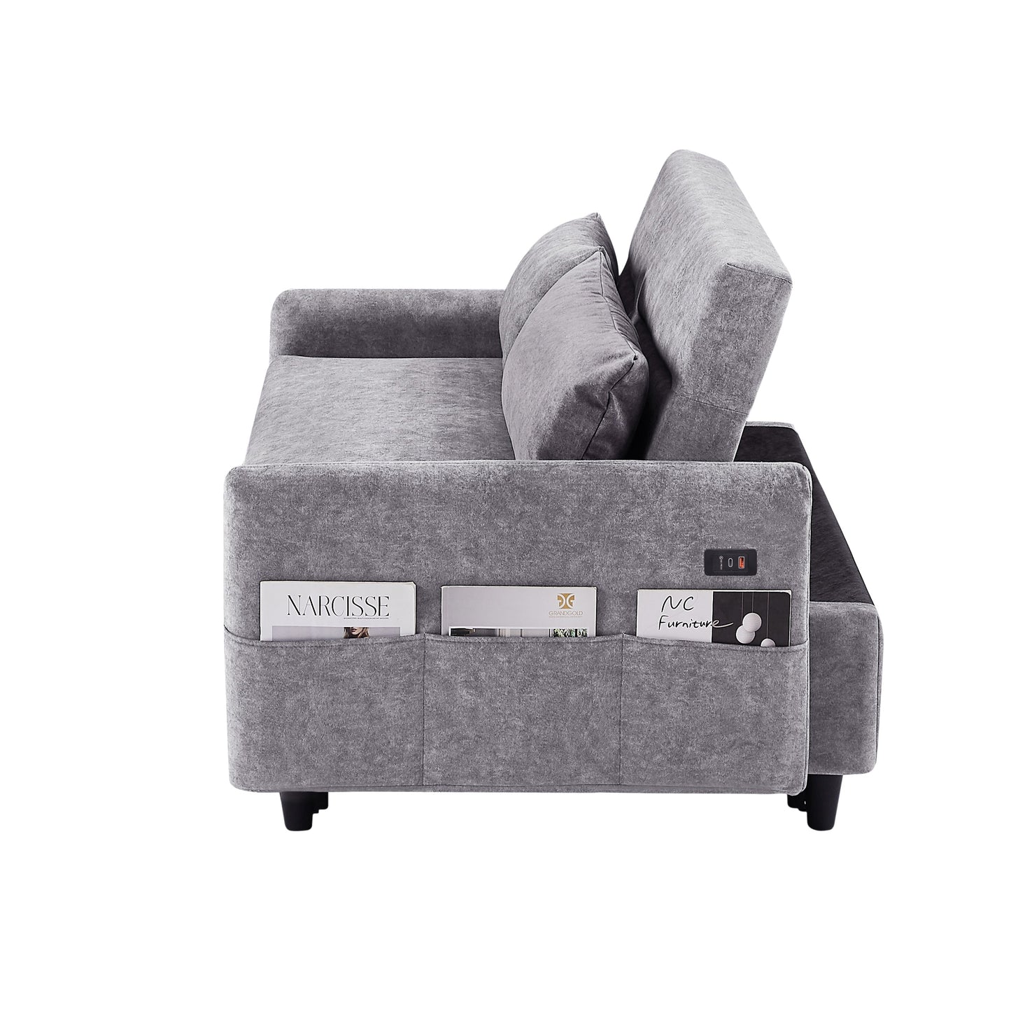 NEW Contemporary Grey Pull Out Sleep Sofa Bed Loveseat with Adjustable Backrest Storage Pockets USB Ports and 2 Soft Pillows