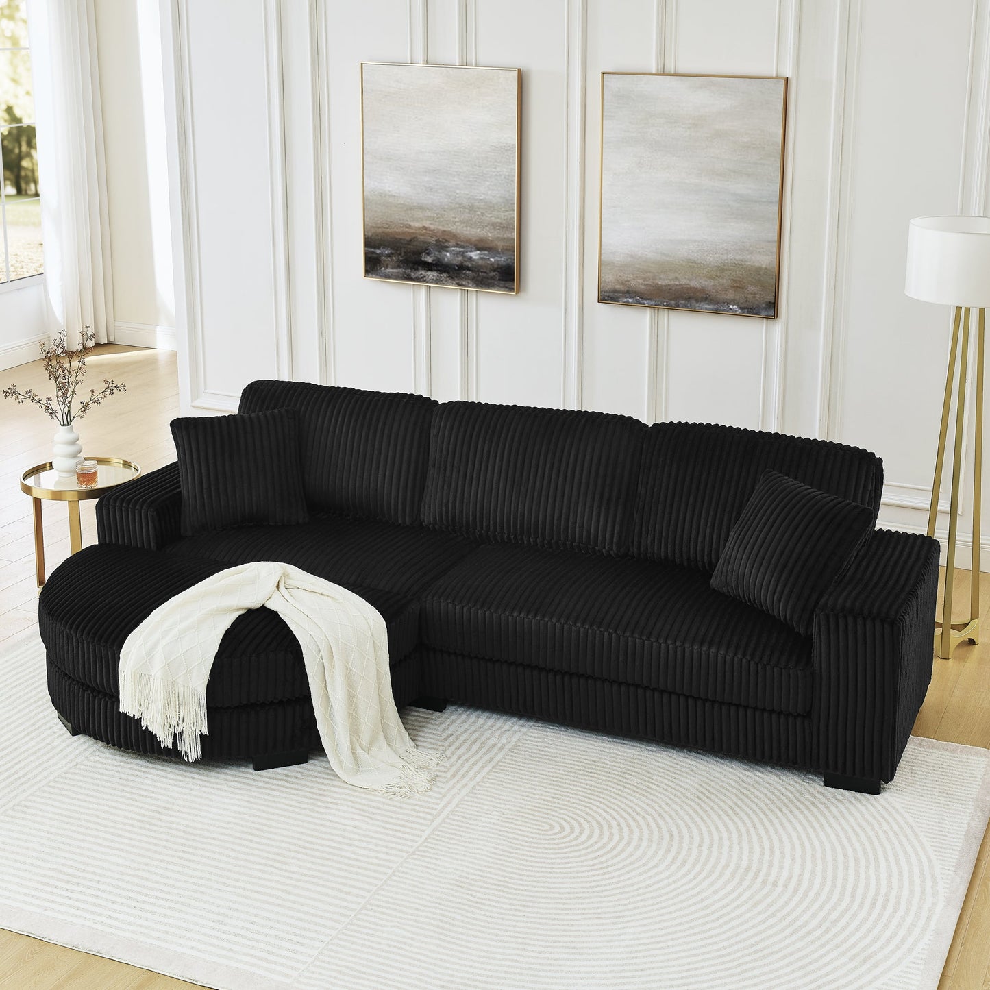 NEW Black Corduroy Tufted Upholstered Sleeper Sectional Sofa, L-Shaped Modular Convertible Sofa with Arc-Shaped Footstool