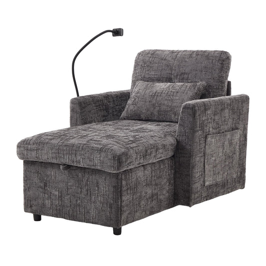 NEW Multifunctional Recliner with Storage Backrest and Cell Phone Bracket in Gray Chenille for Living Room and Bedroom